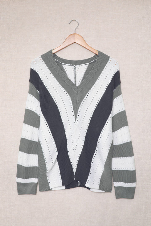 Striped Colorblock V Neck Knitted Sweater